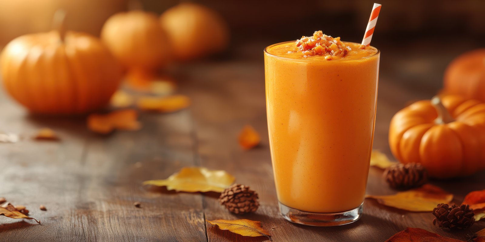 Pumpkin smoothie served in a glass with decorative straw amidst autumn pumpkins and leaves during fall season